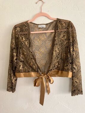 J Marco Gold Lace Tie Front Bolero Cardigan Large